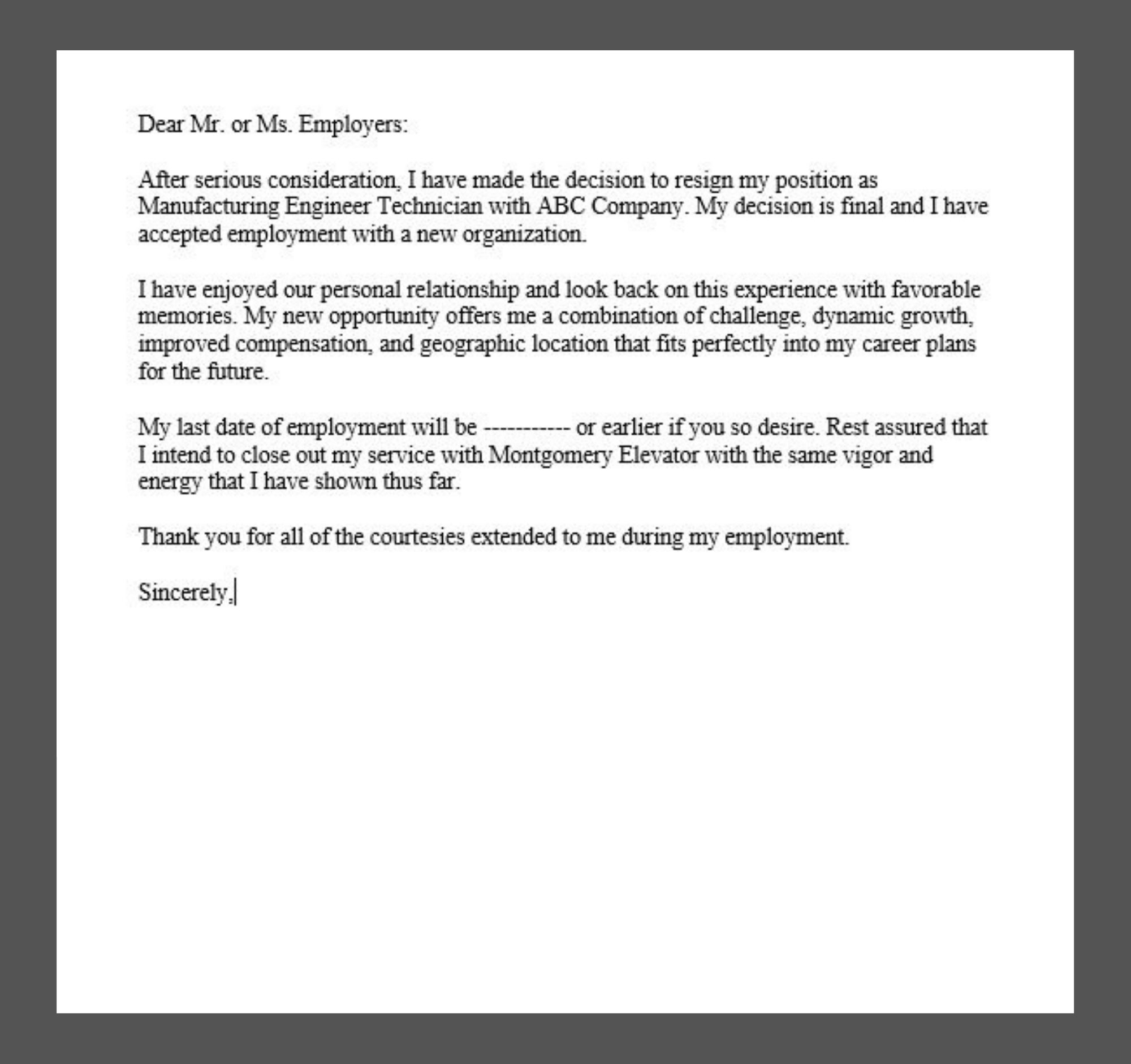 Sample Resignation Letter - Harrison Group Inc.