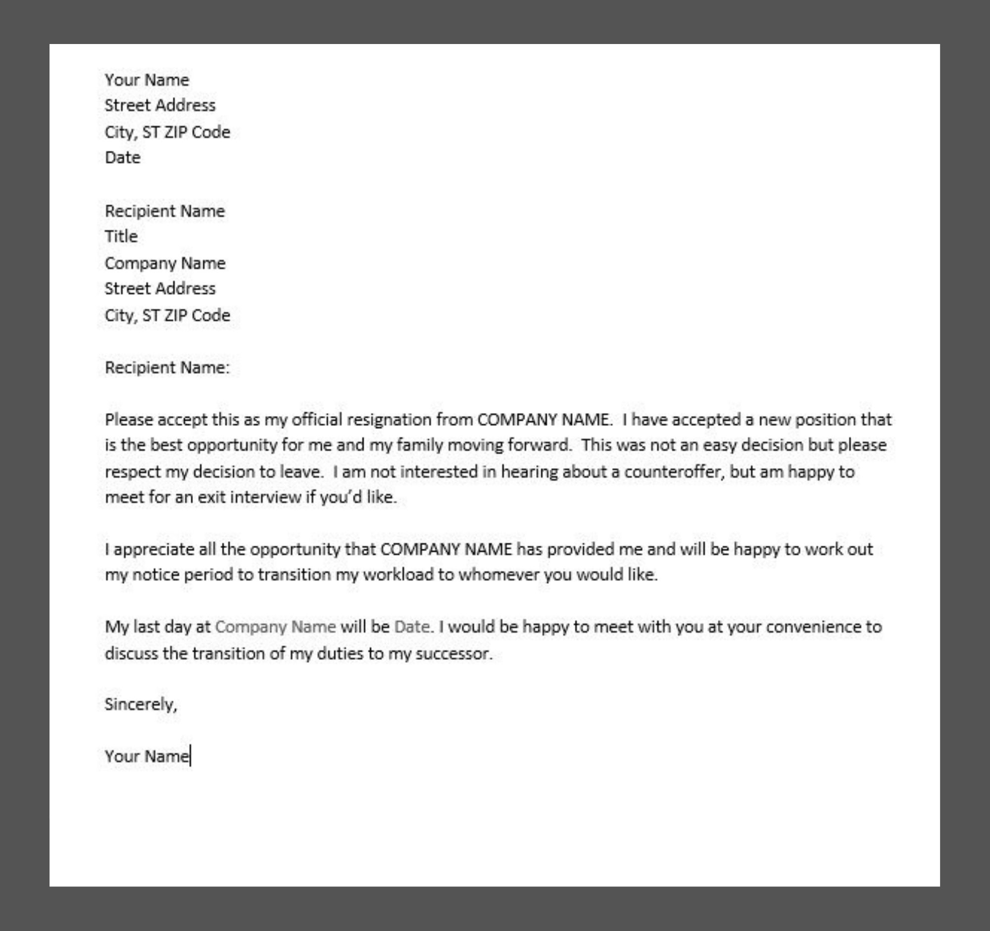 Sample Resignation Letter - Harrison Group Inc.